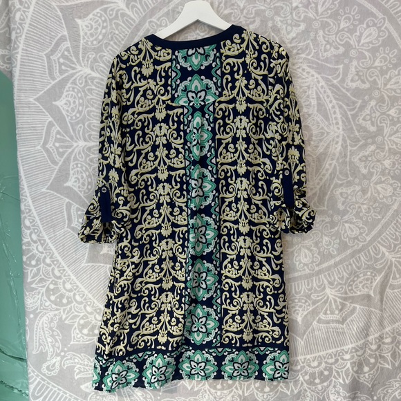 LUXOLOGY DRESS BEAUTIFUL PRINT ROLL TAB SLEEVE POCKETS 10 GREAT FIT BLUE GREEN - Picture 6 of 11